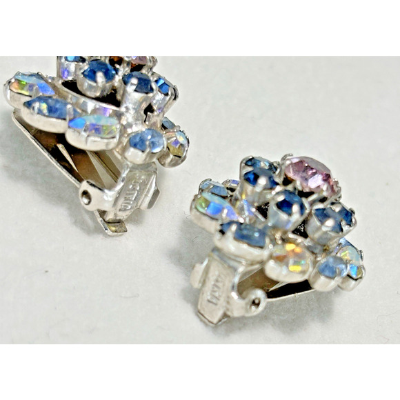 Vtg Blue Austria Crystal Aurora Borealis Prong Set Clip On Earrings Silver-tone - Picture 11 of 16